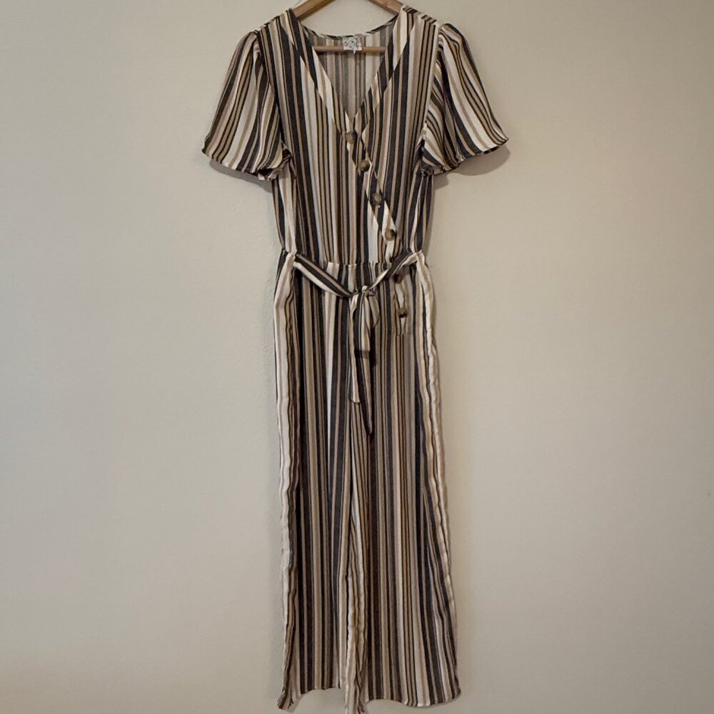 naif Striped Short Sleeve Jumpsuit Asymmetrical Buttons Size L